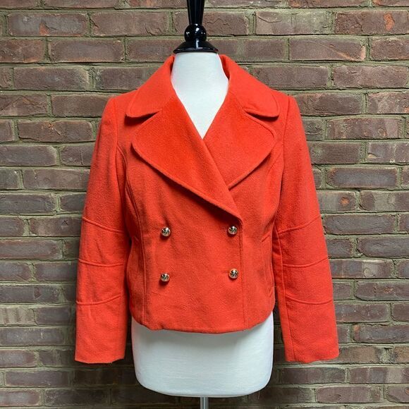 The Limited Coral Orange Double Breasted Cropped Pea Coat Size M - Picture 2 of 6